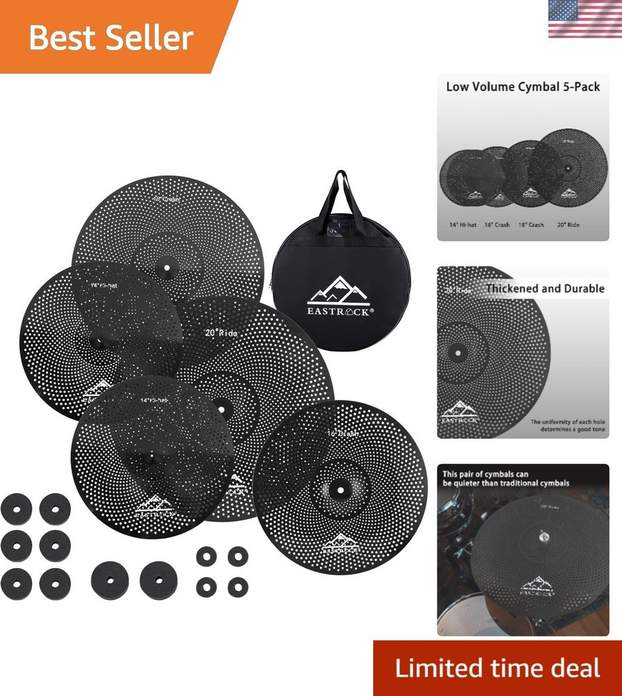 Silent Cymbal Set: 5-Piece Drum Pack for Practice & Performance - Black Finish
