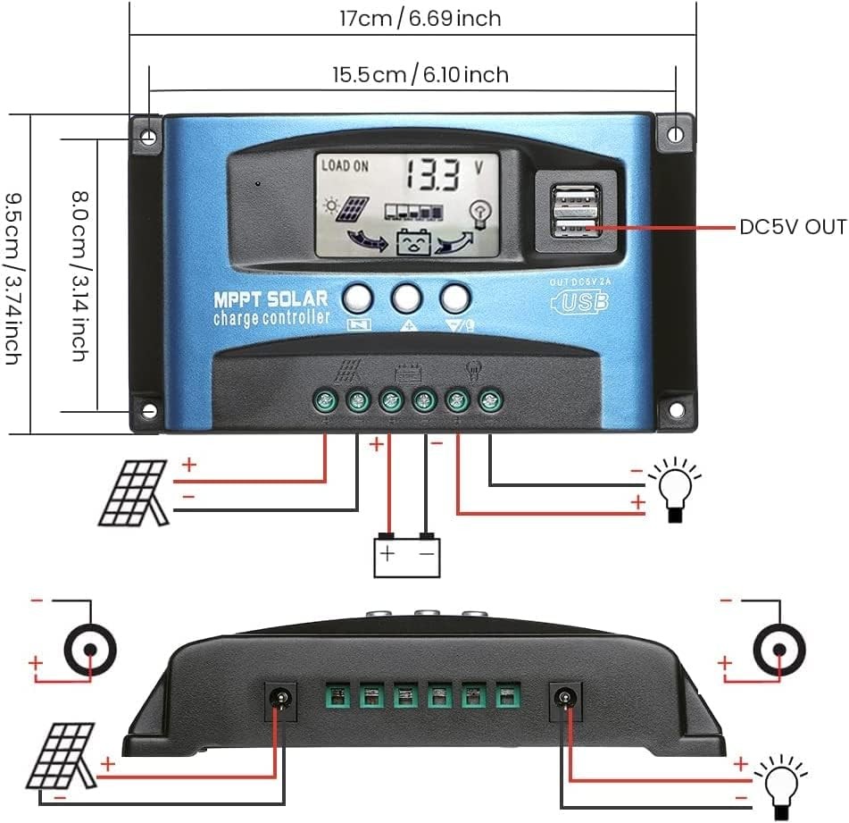 100A Solar Panel Battery Charge Controller 12V/24V LCD Regulator Auto Dual USB