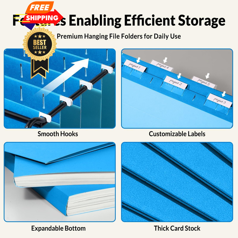 SUNEE 25 Pack Hanging File Folders, Blue Folders