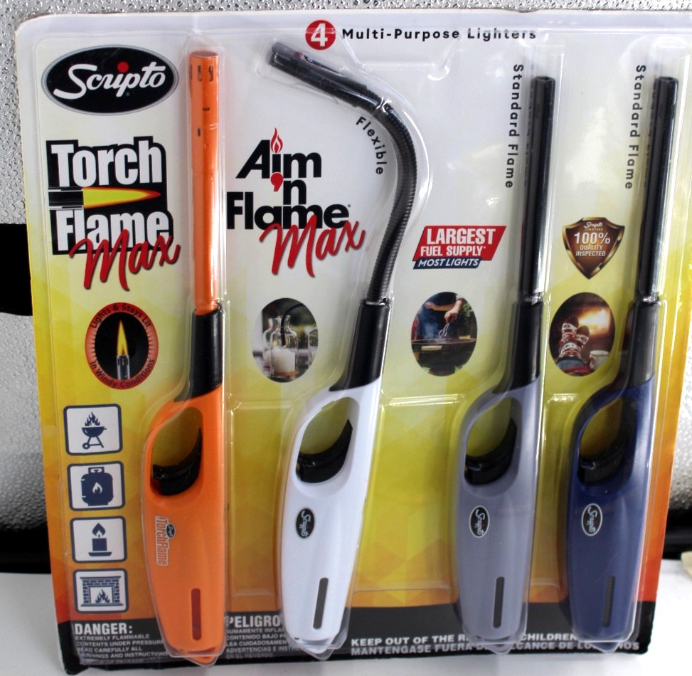 4 - SCRIPTO Multi-Purpose Flex TOURCH FLAME Lighters Mixed Colors New