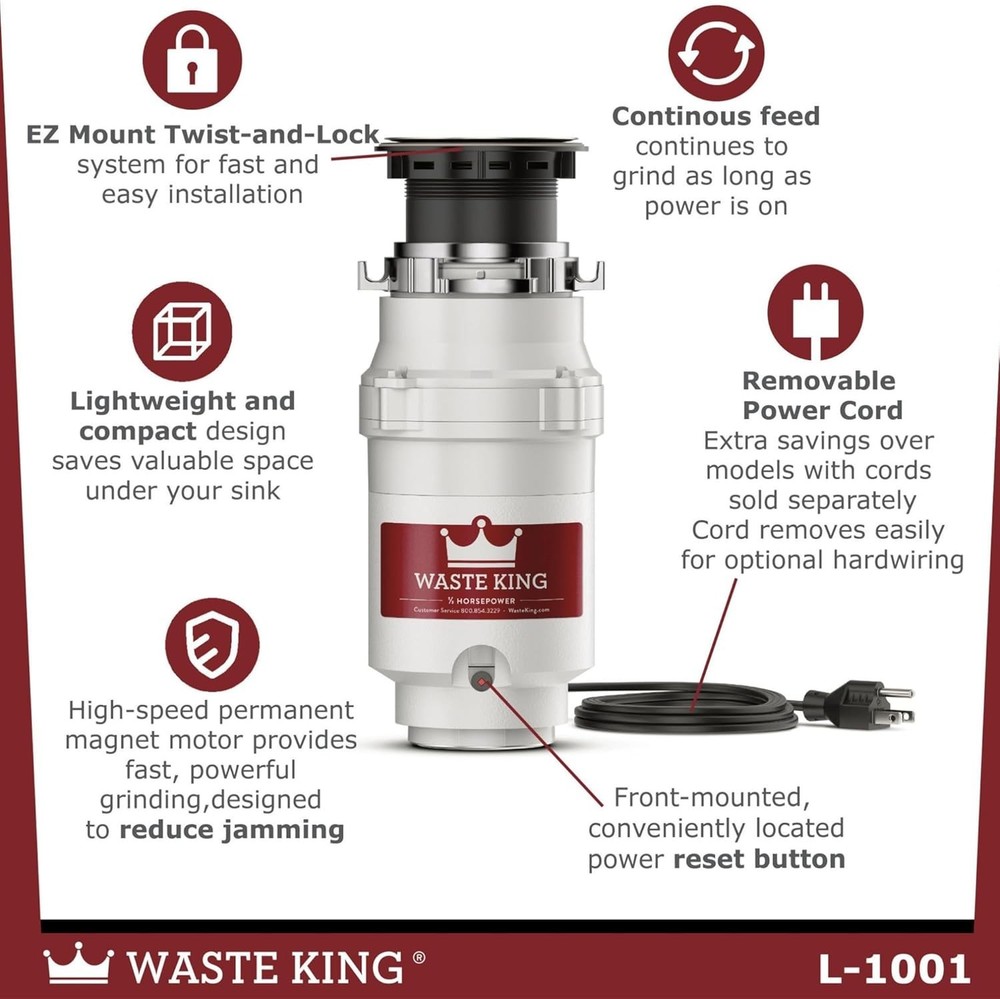 Compact 1/2 HP Garbage Disposal - Continuous Feed, EZ Mount, Plug-in, Reliable