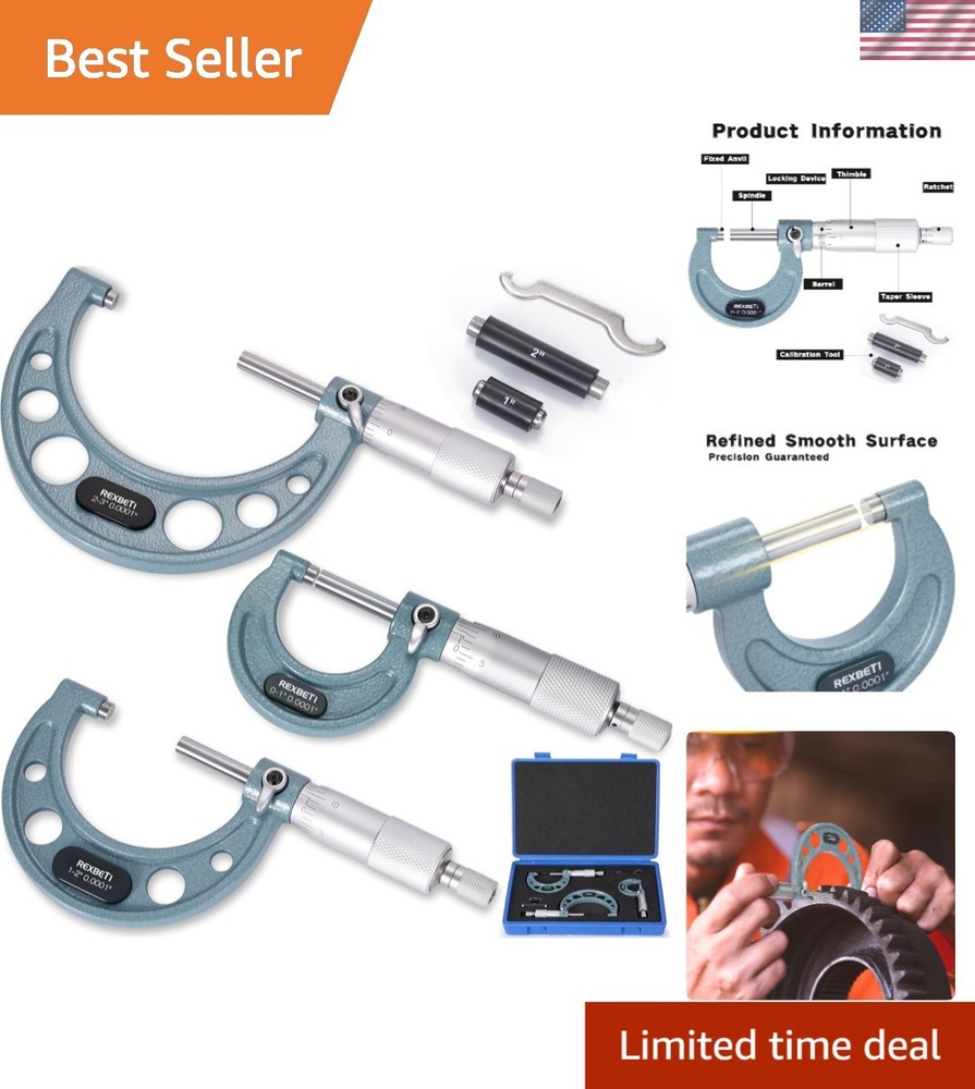 3Pcs 0-3" Precision Micrometer Set with Protective Case for Machining Excellence