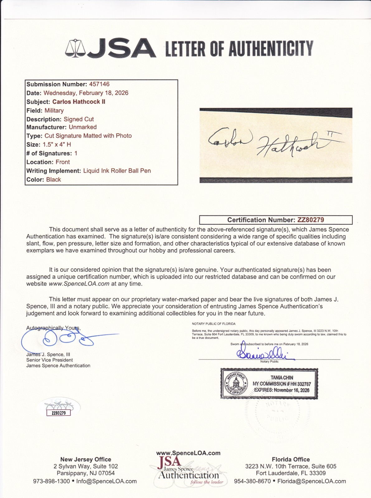 Carlos Hathcock Vietnam Sniper JSA COA "The White Feather" USMC 93 kills SIGNED