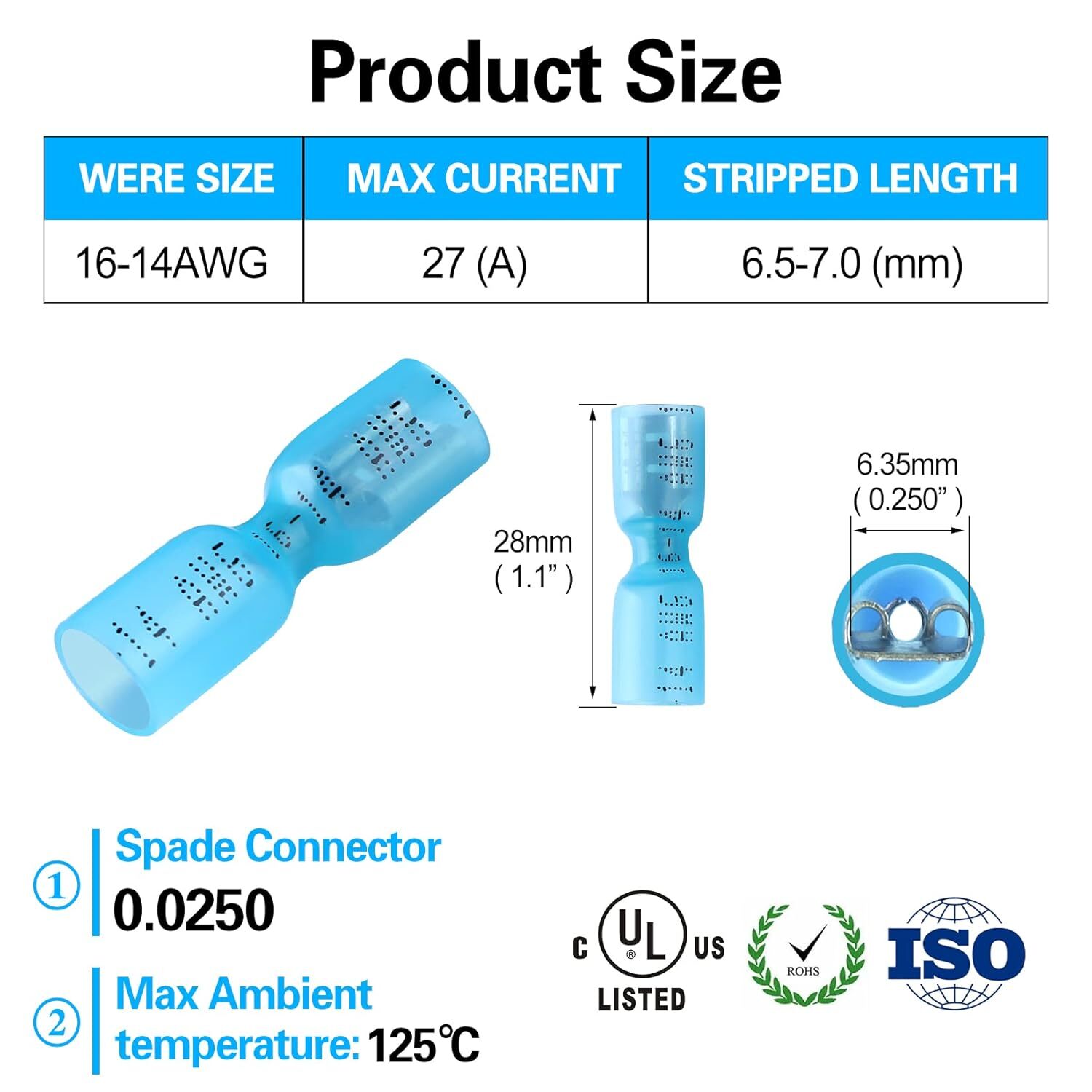 100-500X Female Heat Shrink Spade Wire Connectors 16-14 AWG Crimp Terminals Blue