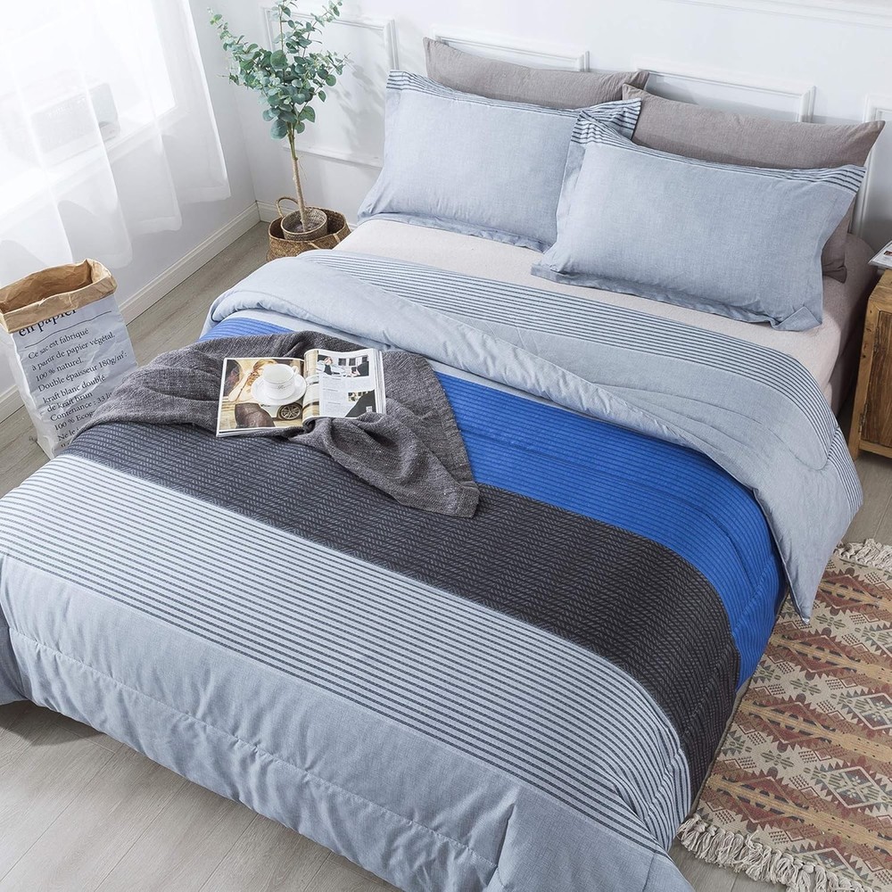Full Size Comforter Set,3 Pieces Black White Gray Patchwork Striped