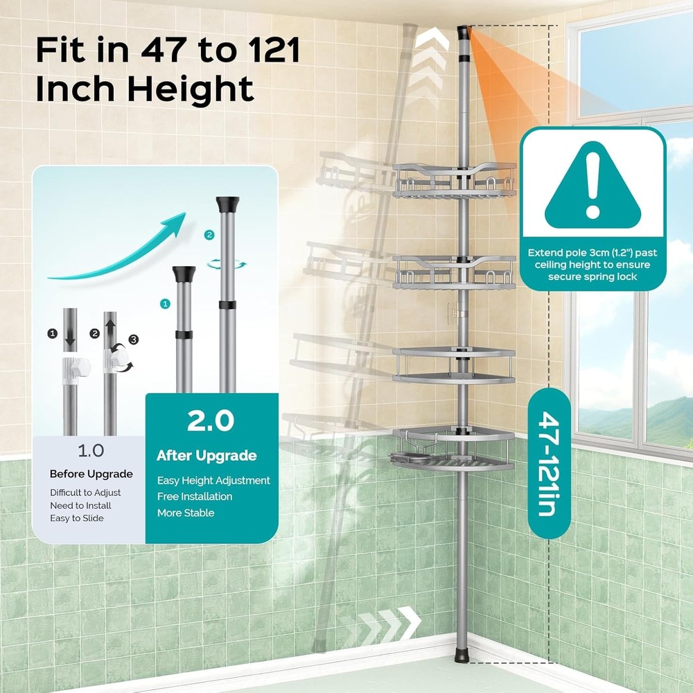 Rustproof Corner Shower Caddy - 4-Tier Adjustable Tension Pole Organizer