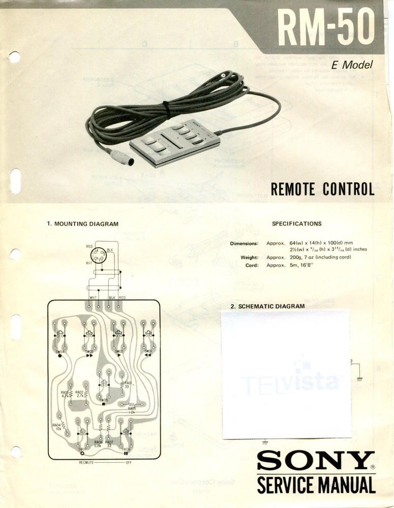 Sony Model RM-50 Remote Control Unit Service Manual