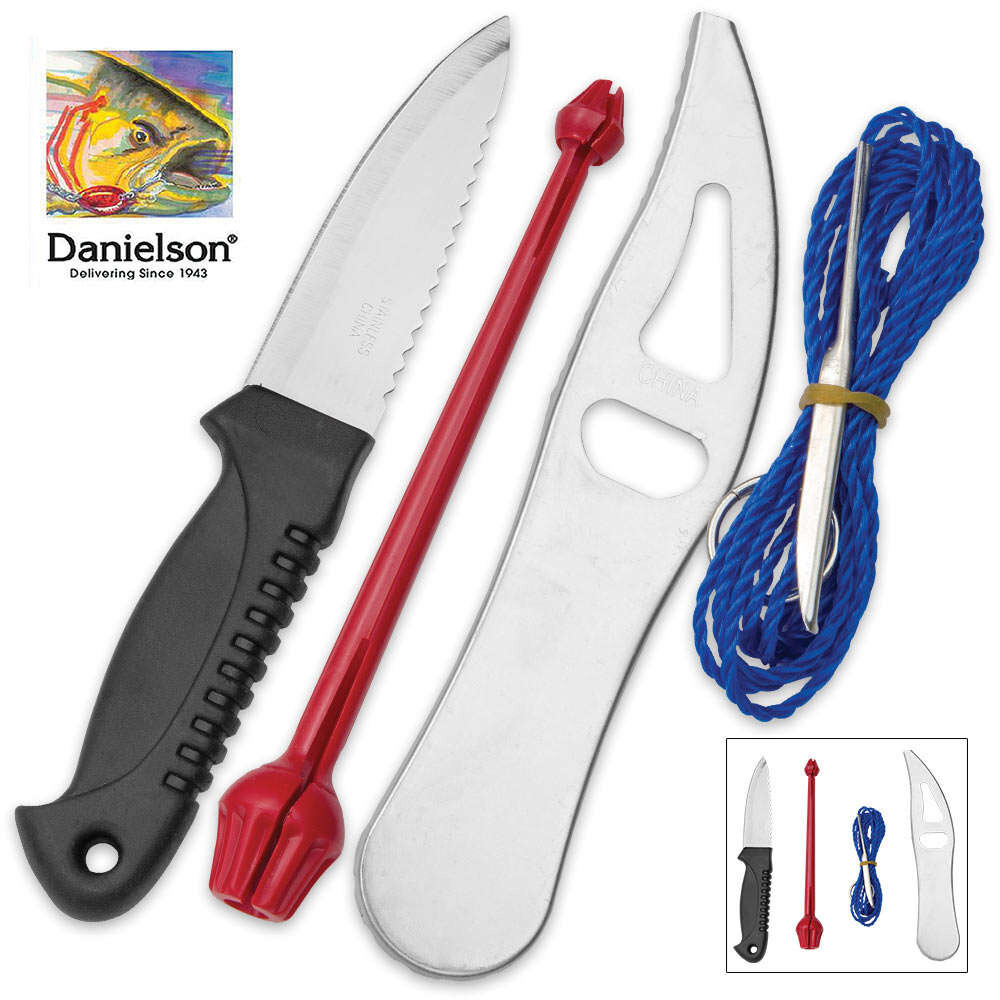DANIELSON 4pc FISHERMANS ESSENTIALS TOOL KIT KNIFE HOOK REMOVER SCALER STRINGER