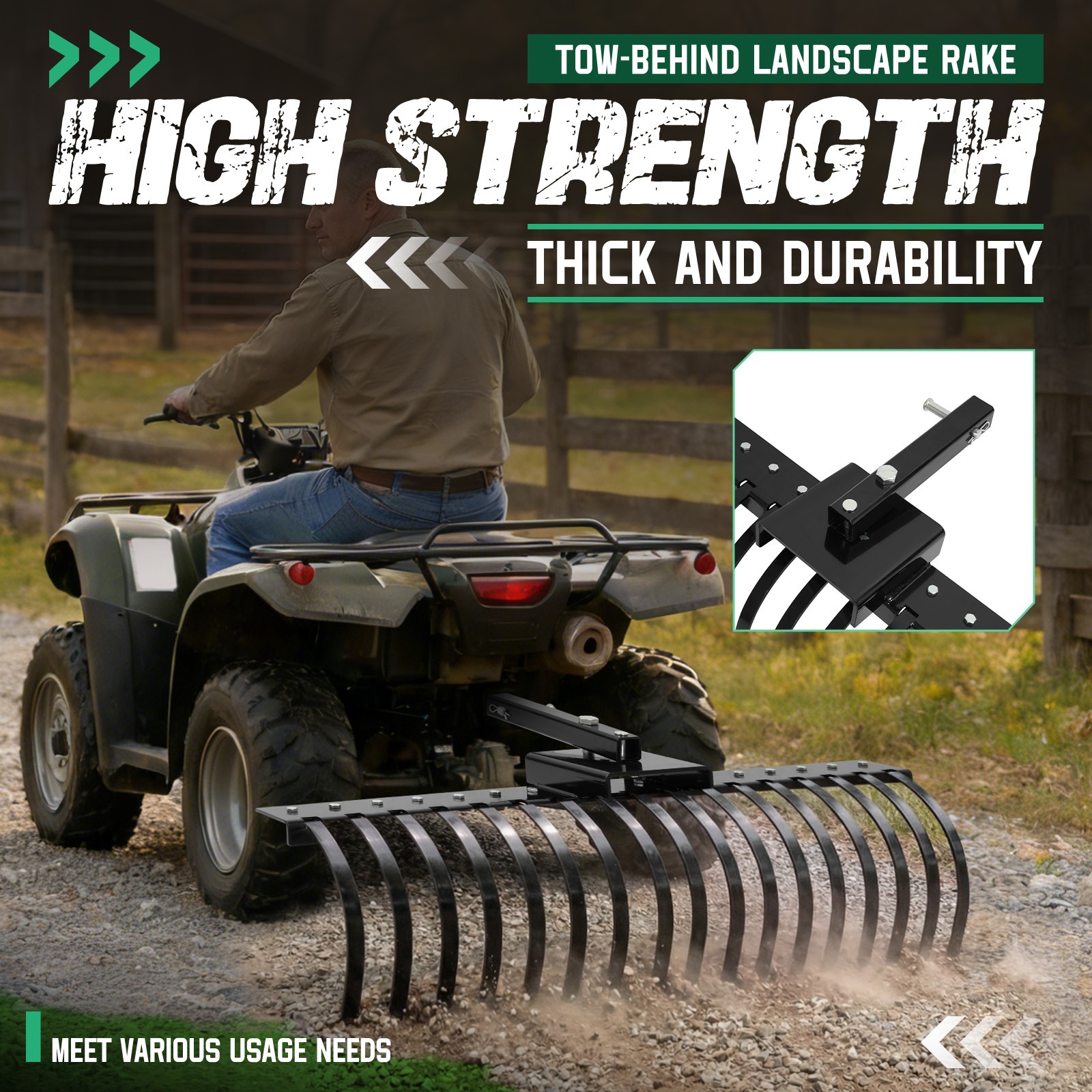 48" Landscape Rake Pine Straw Rake Rock Rake Fits 2" Receiver ATV/UTV Tractors