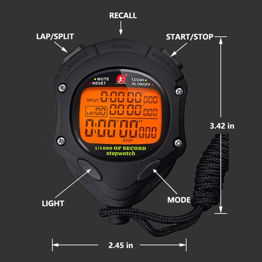 Digital Stopwatch Timer with Back Light Stop Watch 100 Lap-backlight-black
