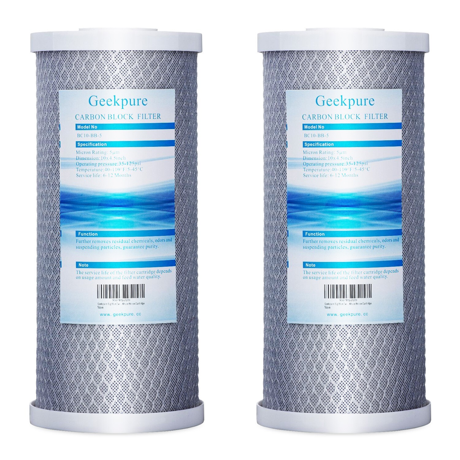 Geekpure Whole House Carbon Block Replacement Water Filter 5 Mic 4.5"x10" Pack 2