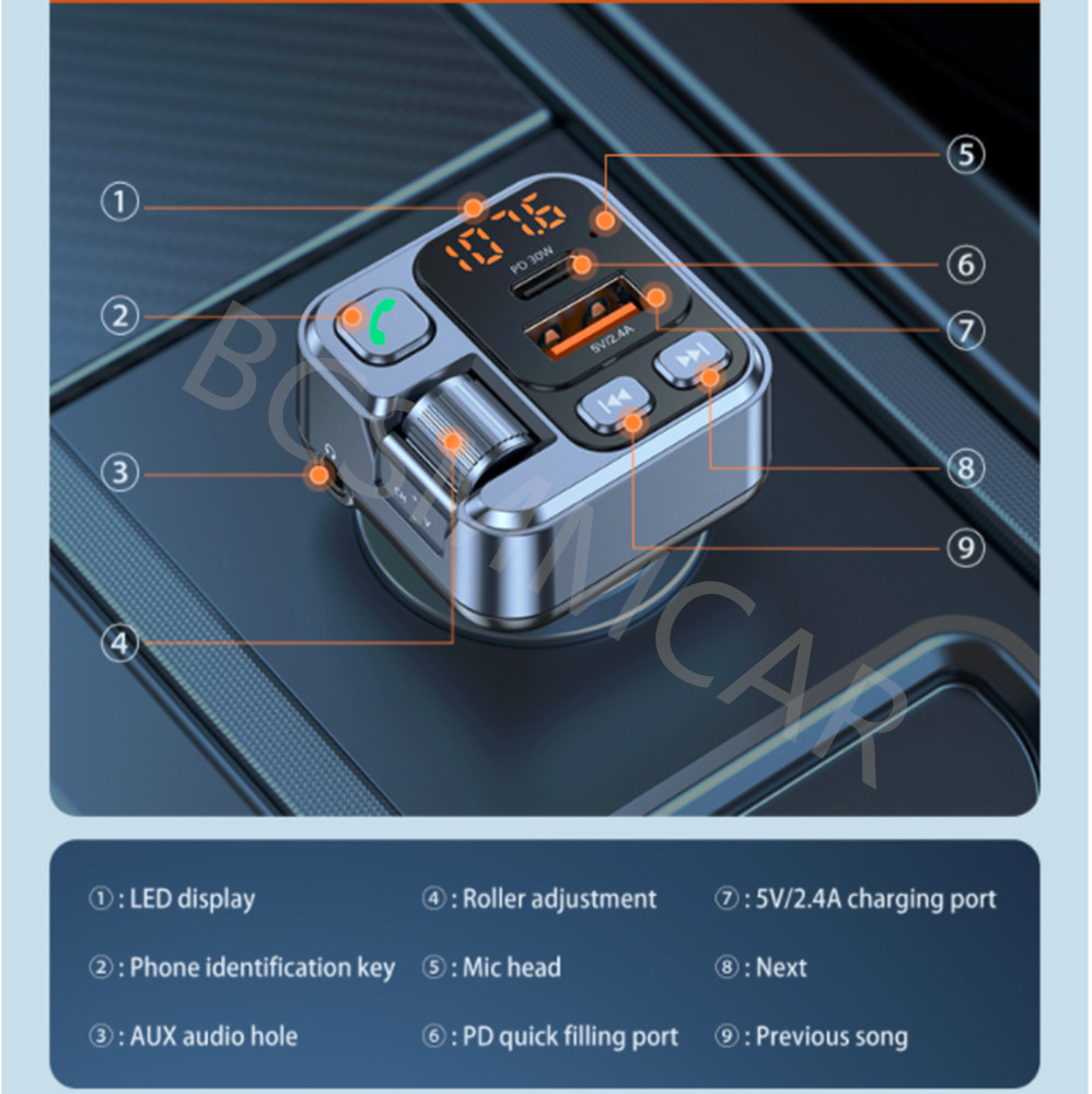 Bluetooth 5.1 Car Wireless FM Transmitter Adapter USB PD Fast Charge Hands-free