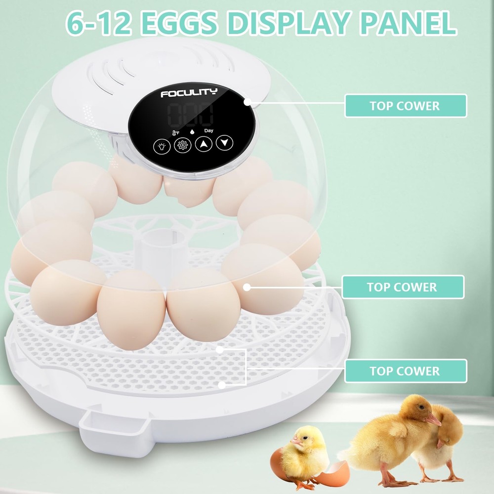 Egg Incubator for Hatching Chicks, Holds 12 Eggs, Automatic Egg Turner with T...