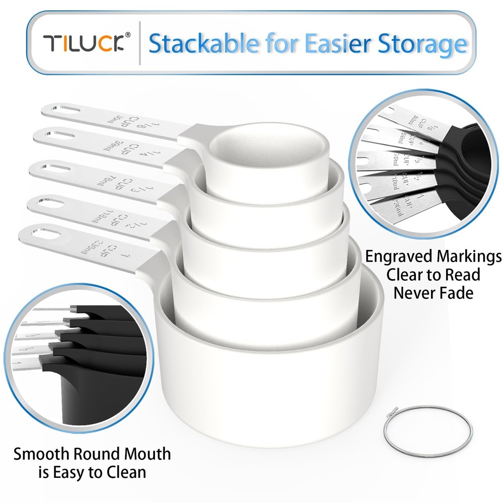 1 PCS White Stackable Measuring Cups Spoons Set Stainless Steel Handle Bake