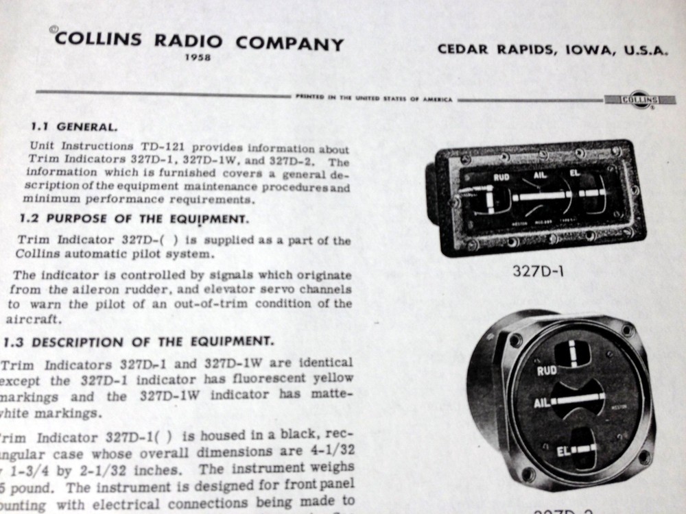 Collins 327D-1, 327D-1W &  327D-2 Trim Indicator Tech Data Sheet