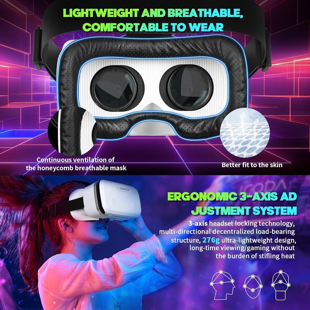 VR Headset for Smartphones 4.7-7 Inch with Bluetooth Controller, Aspheric HD Len