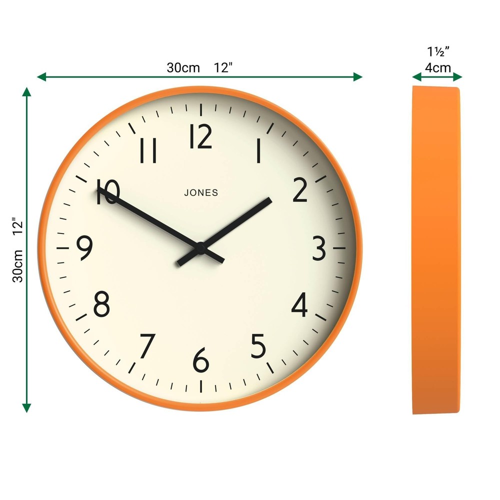 JONES CLOCKS® Studio wall Clock | Modern Round Style | 12 inch | Orange | E