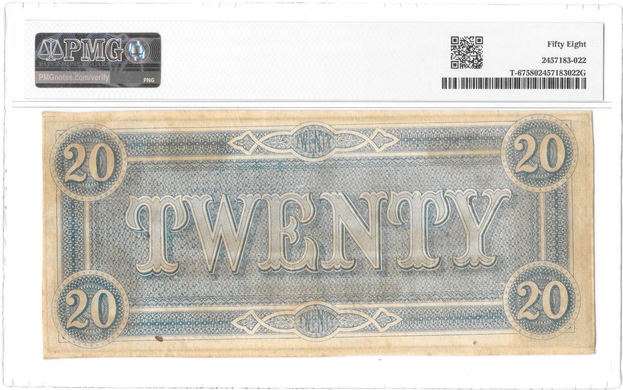 T-67 1864 $20 Confederate Radar Serial #25452 Note PMG AU 58 High Grade Beauty!