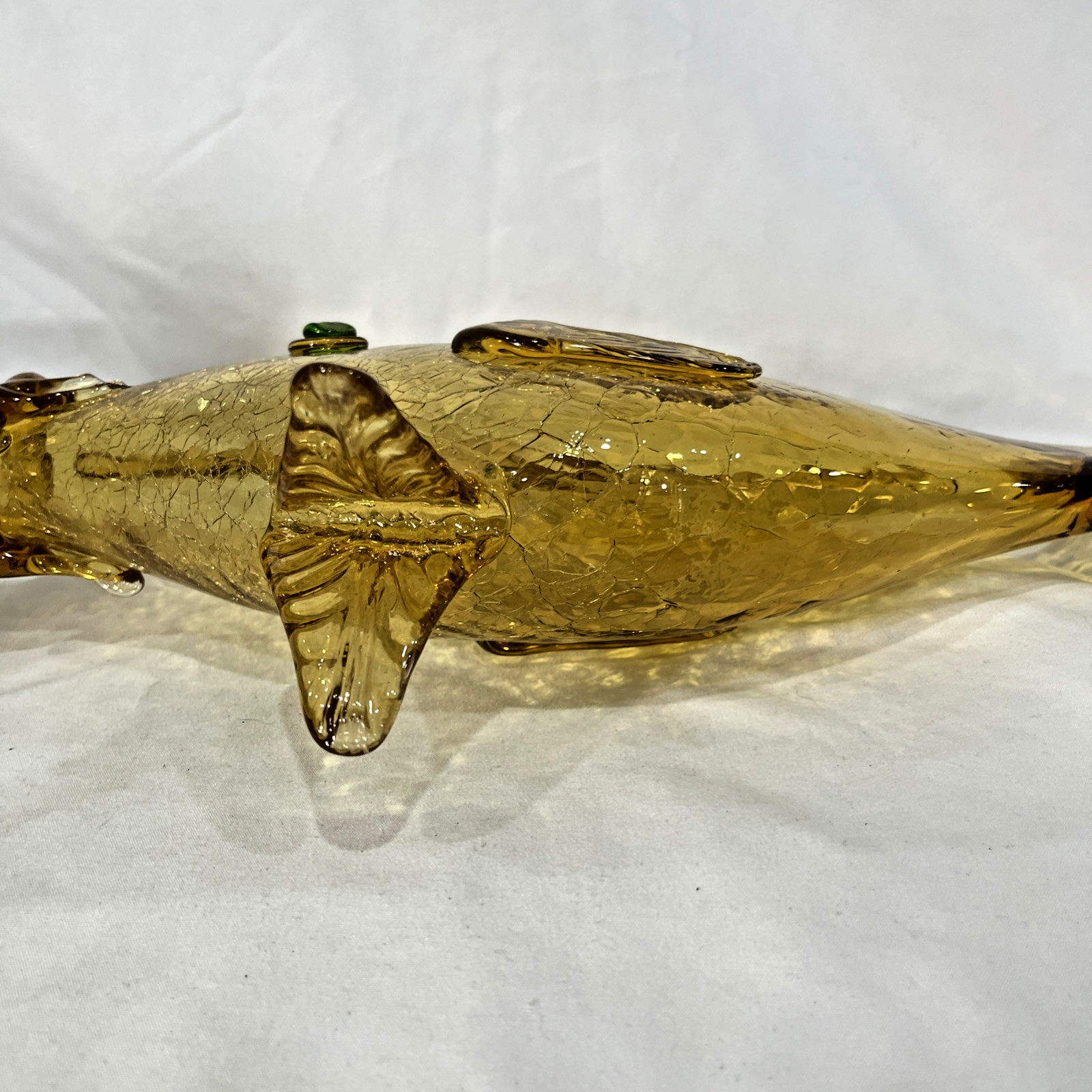 Vintage Amber Green Murano Crackle Glass Fish Decanter