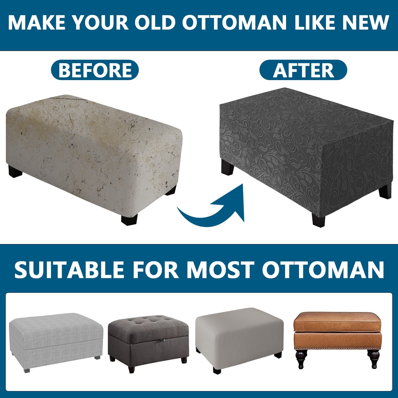 Stretch Jacquard Ottoman Cover Square Rectangle Footstool Cover Slipcover L/XL