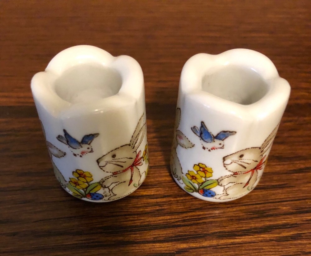 Two Collectible Matching Easter Bunny Ceramic or Porcelain Thimbles
