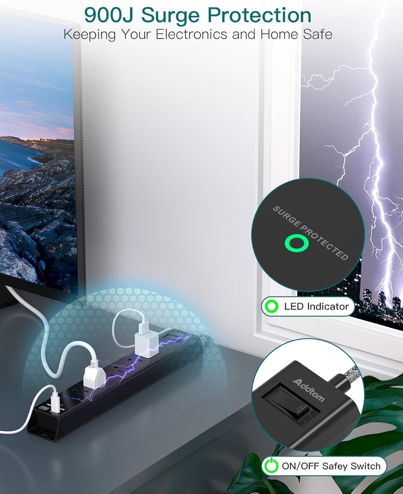 Surge Protector Power Strip with 6 Outlets & 4 USB (2 USB-C), Flat Plug
