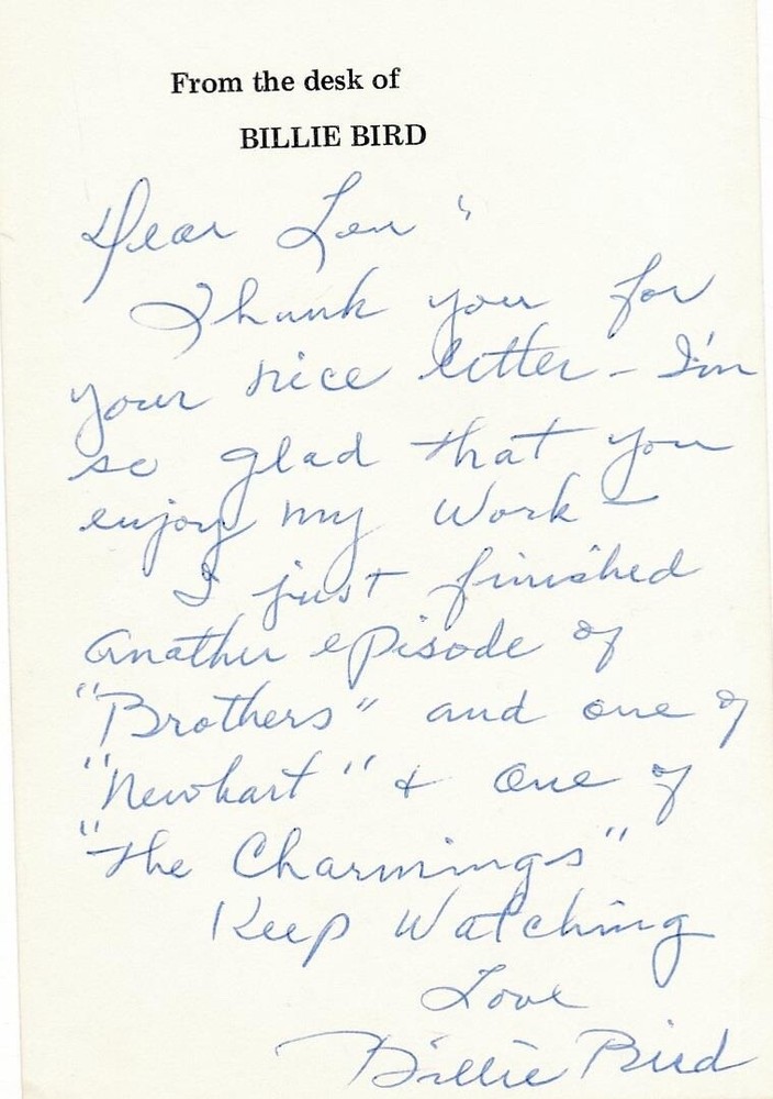 Billie Bird- Signed Handwritten Note