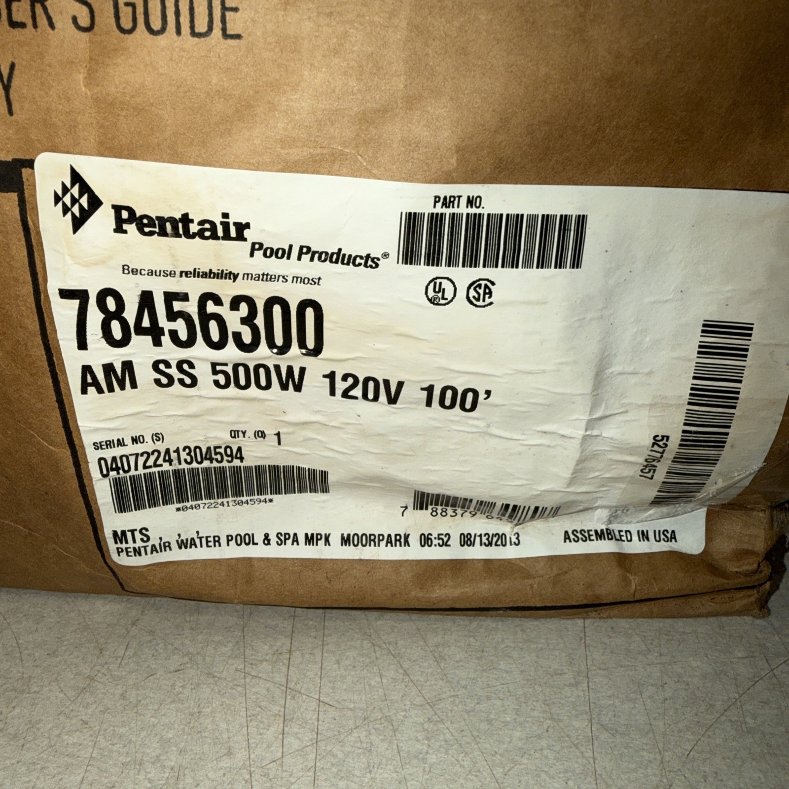 Pentair 78456300 Amerlite Pool Light 120V 500W 100’ Cord SS Face Ring – Open Box