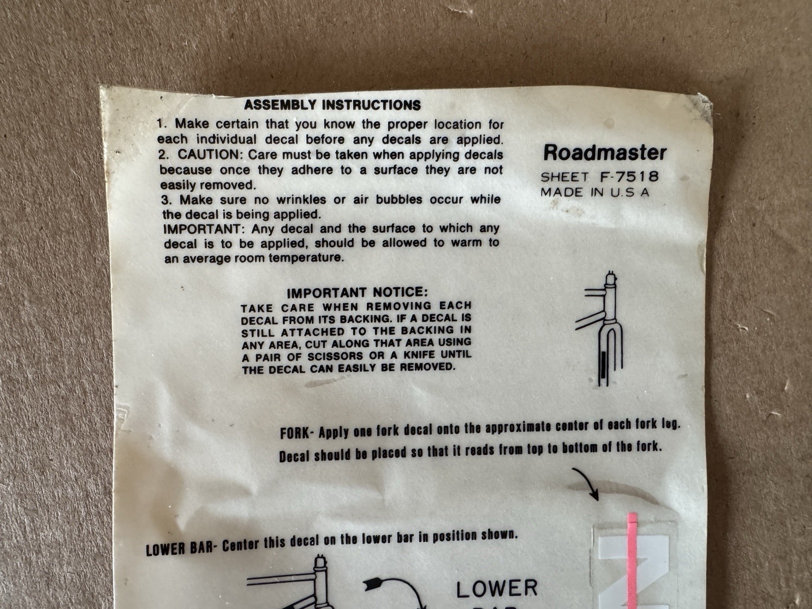 Roadmaster Falcon BMX Bicycle Tube And Fork Decals Sheet F-7518 1980’s