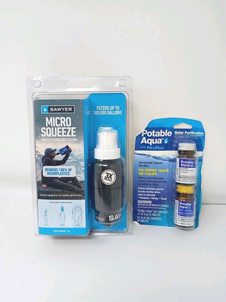 Sawyer Micro Squeeze Water Filter And Potable Aqua PA+ Bundle