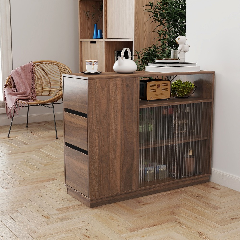 Small Kitchen Sideboard with Glass Sliding Doors, 3 Drawers & Display Shelf