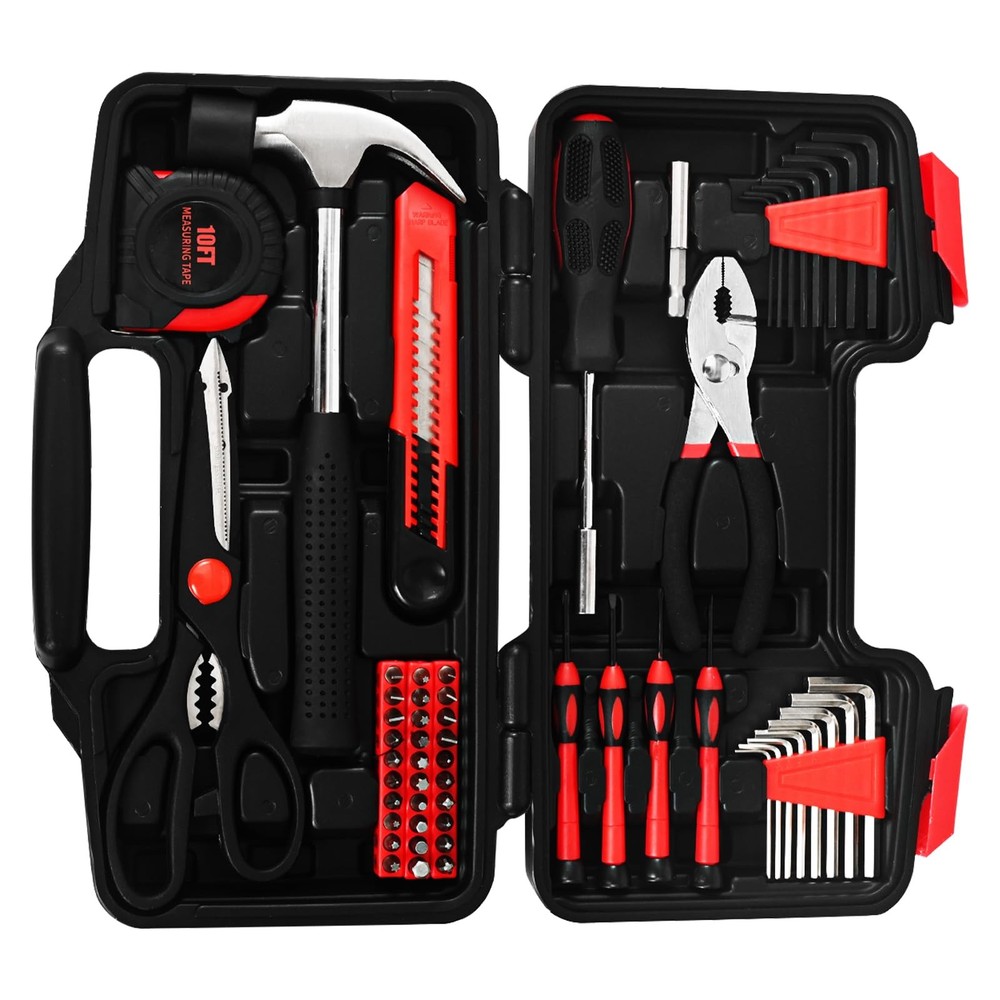 GETFOO 58-Piece Tool Kit Basic Home Repair Set, General 58-Piece, Red