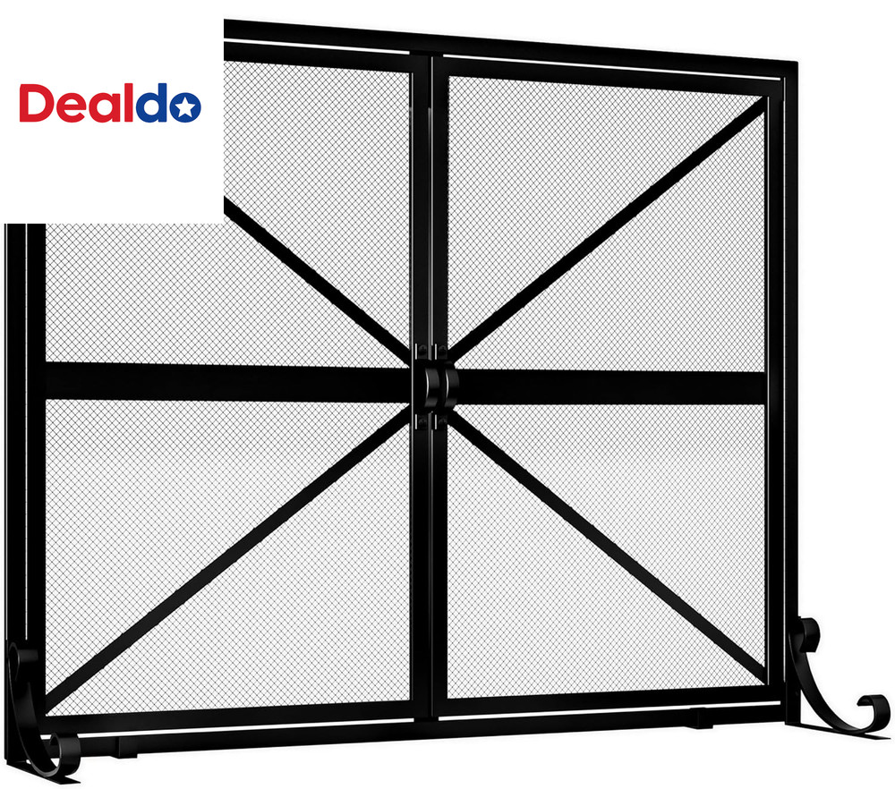 Fireplace Screen with Doors, 2-Pannel Handcrafted Solid Wrought Iron Decorative
