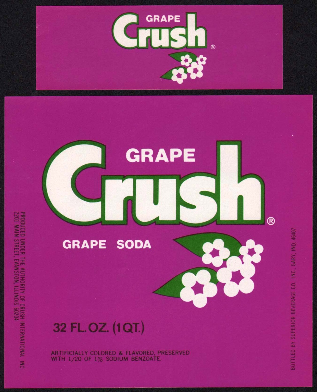 Vintage soda pop bottle label CRUSH GRAPE 32oz size Superior Gary Indiana nrmt+