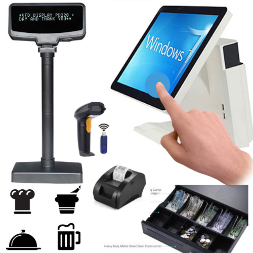 FULL System POS ALL IN ONE Touch Screen Pole Client Restaurant Retail Pizza