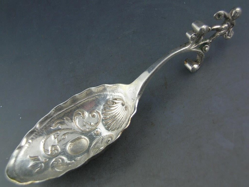 Old Silver MONKEY or TEA CADDY SPOON w/ figural handle scroll bowl ~hallmarked