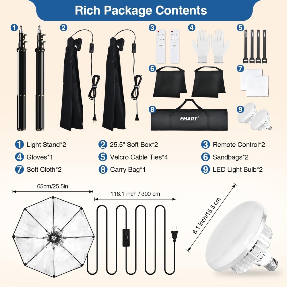 EMART Softbox Lighting Kit with Sandbag, 25.5" (65cm) Diameter Soft Box Light...