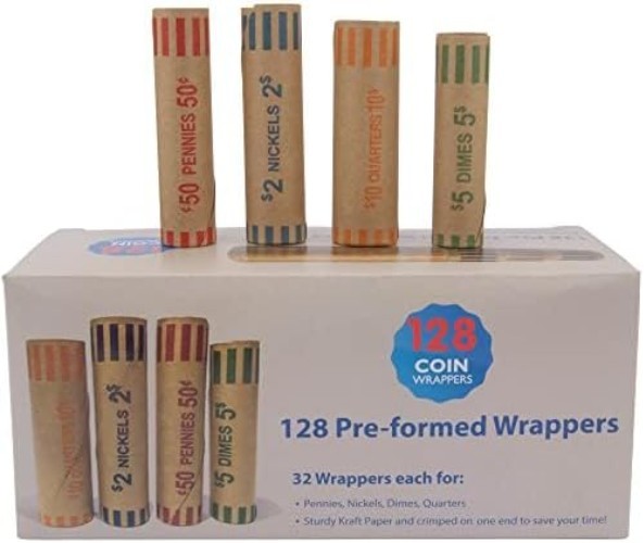 Safe & Sturdy Coin Wrapper Rolls - 128 Assorted for Quarters, Dimes, & More