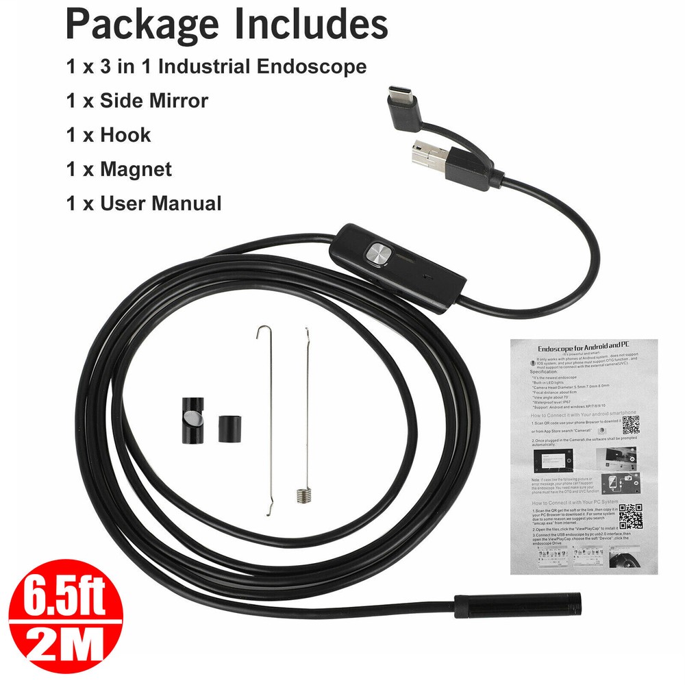 6FT Waterproof HD Endoscope USB Type-C Borescope Snake Inspection Camera Android