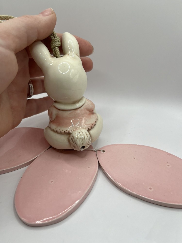 Rabbit Wind Chime Vintage Ceramic Bunny Easter Pink