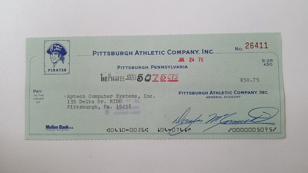 Aptech Computer Systems, Inc.: 1978 Pittsburgh Pirates Expense Check