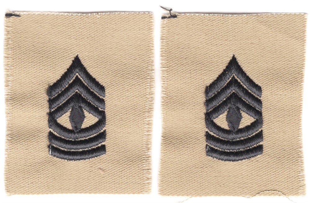Cloth Military Badge:  Army Enlisted Rank, First Sergeant (pair) - black on tan