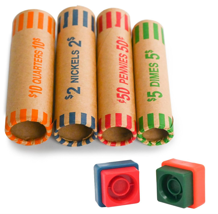 60 Assorted Coin Roll Wrappers Crimping Tool Set Color Coded for Quarters, Dimes