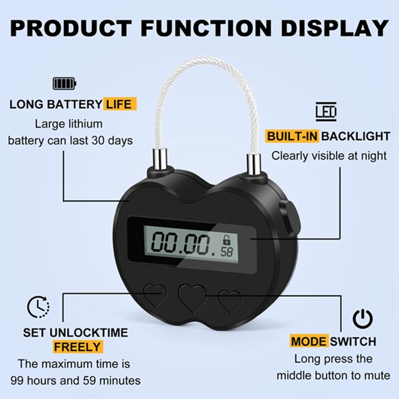 2PCS Black Time Lock LCD Display Time Lock Multifunction Travel Electronic Timer