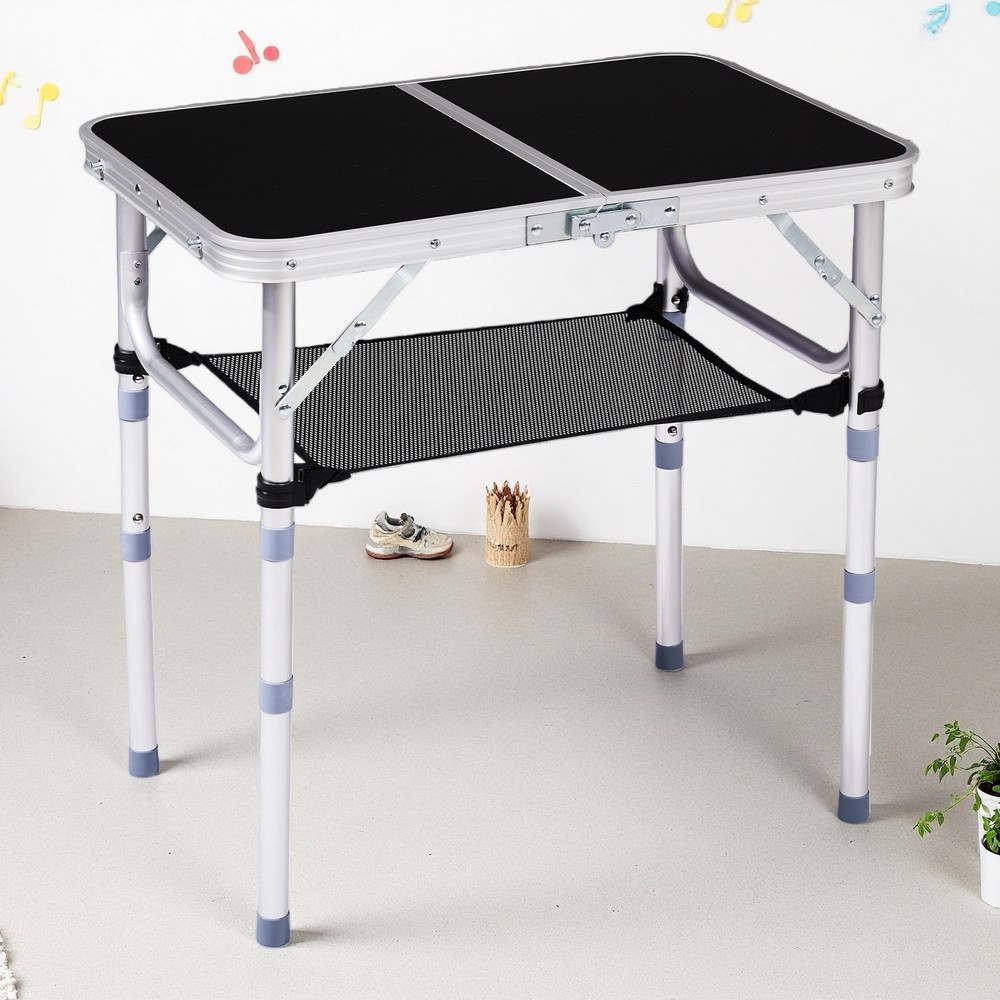 Folding Camping Table 2ft - Adjustable Mesh Storage Aluminum Frame Patio Black