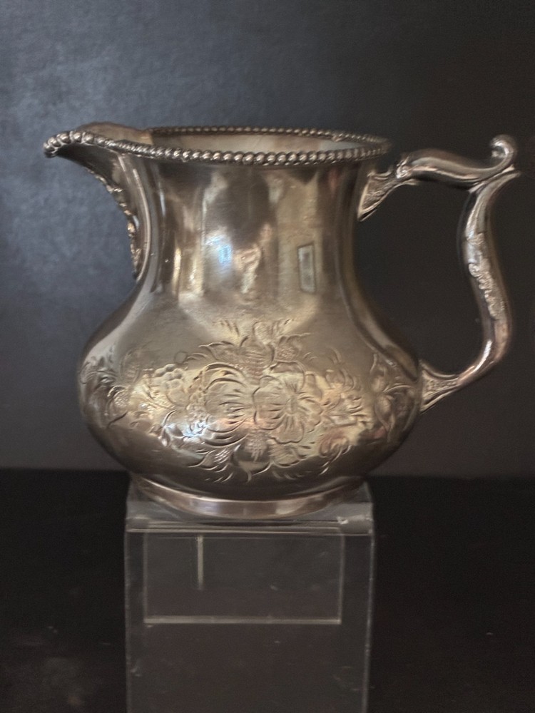 Quarduple plate ornate embossed creamer pitcher Poole Silver Co. beaded rim #909