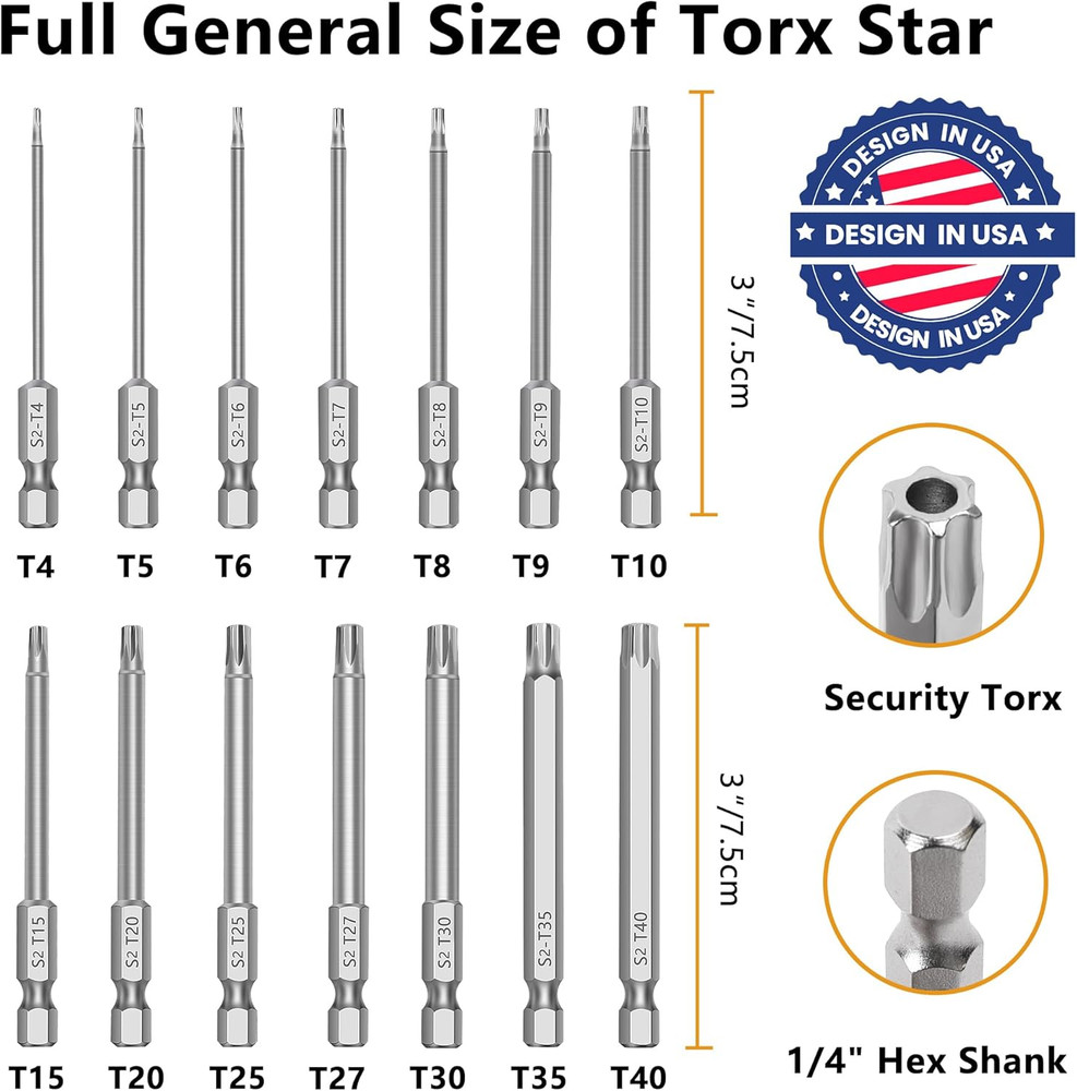 14PC Security Torx Bit Set 3" Long Tamper Proof Star Screwdriver Bit Set 1/4" He