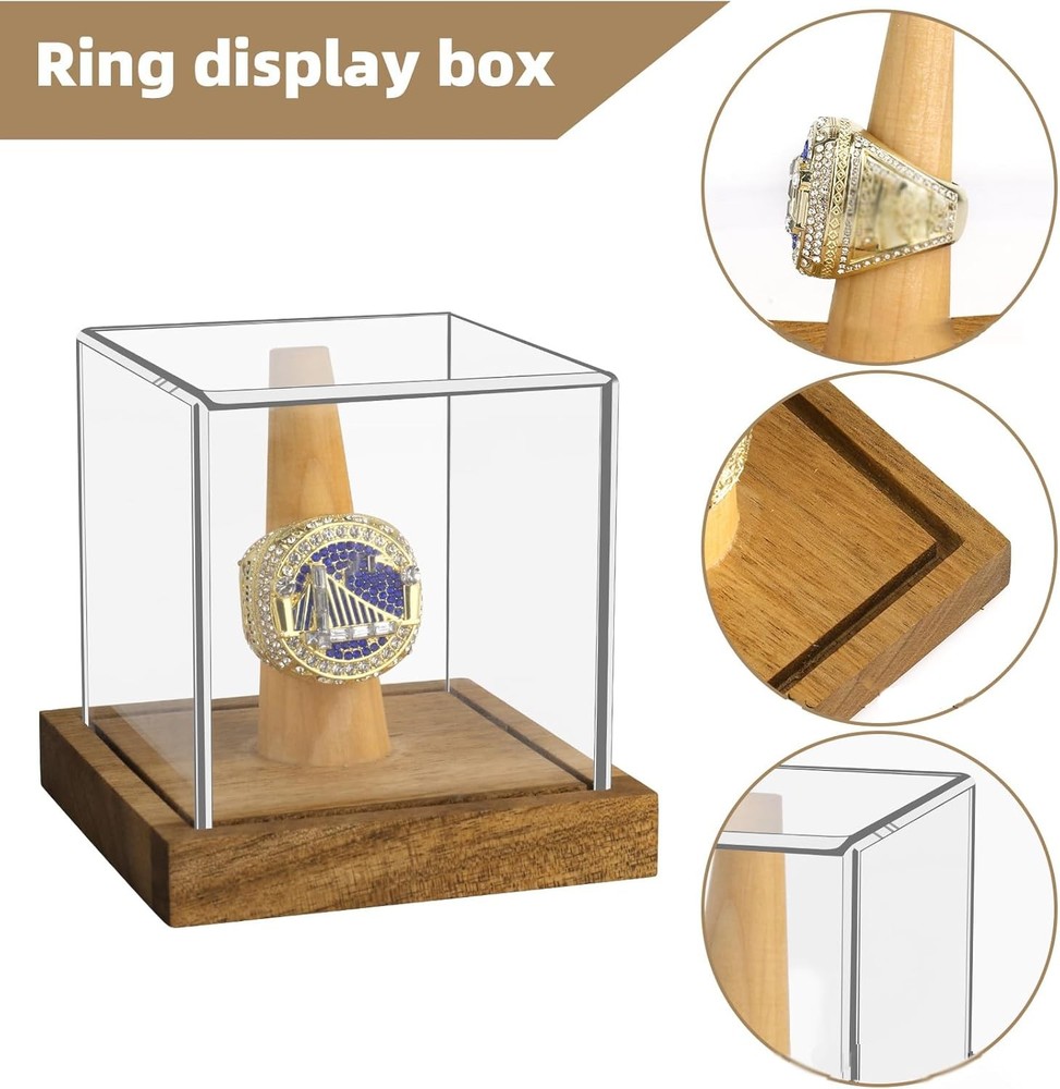 2 Pack Championship Ring Display Case Clear Acrylic Single Clear, Brown