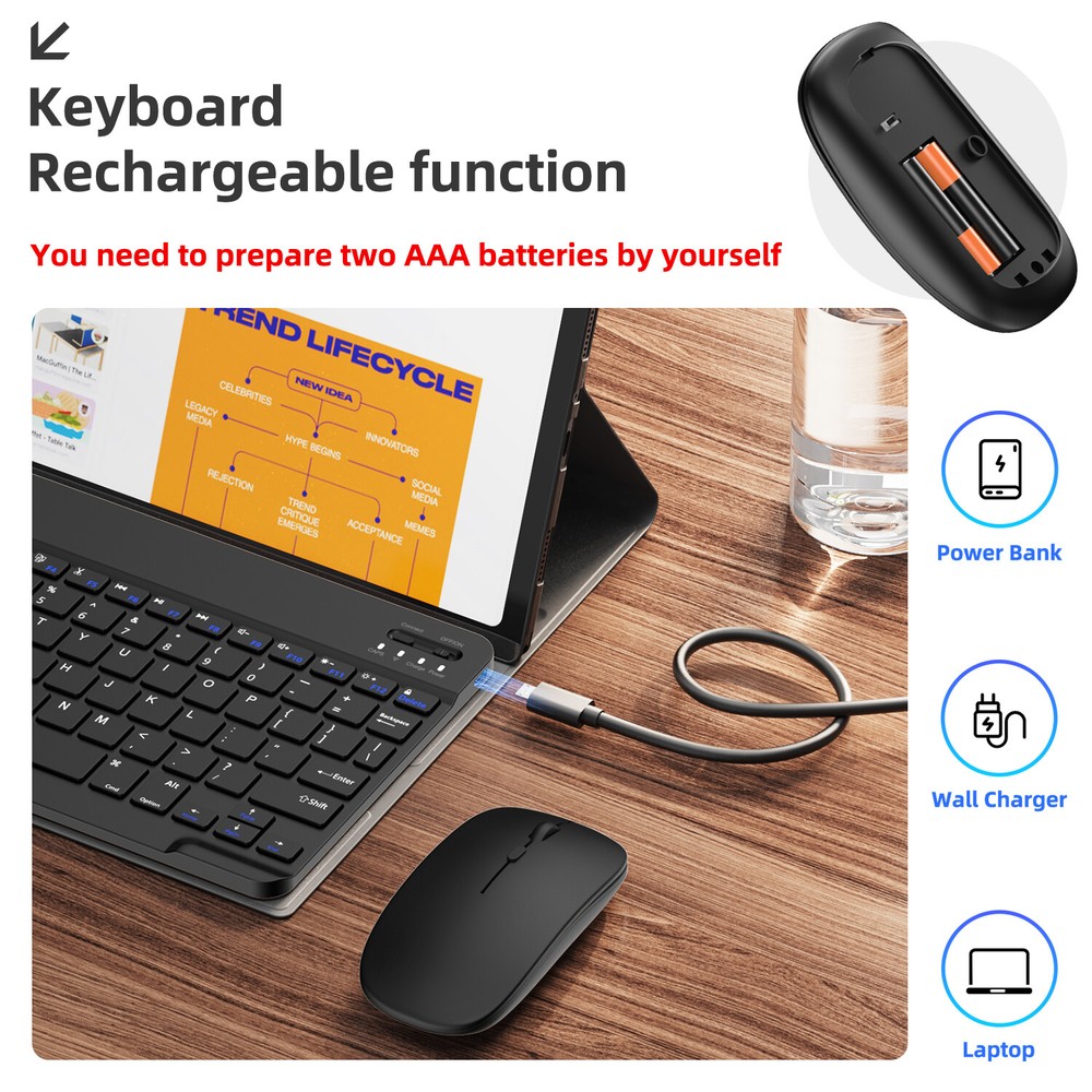 For Laptop PC Mac iPhone Samsung 10''Wireless Bluetooth Quiet Keyboard+Mouse Set