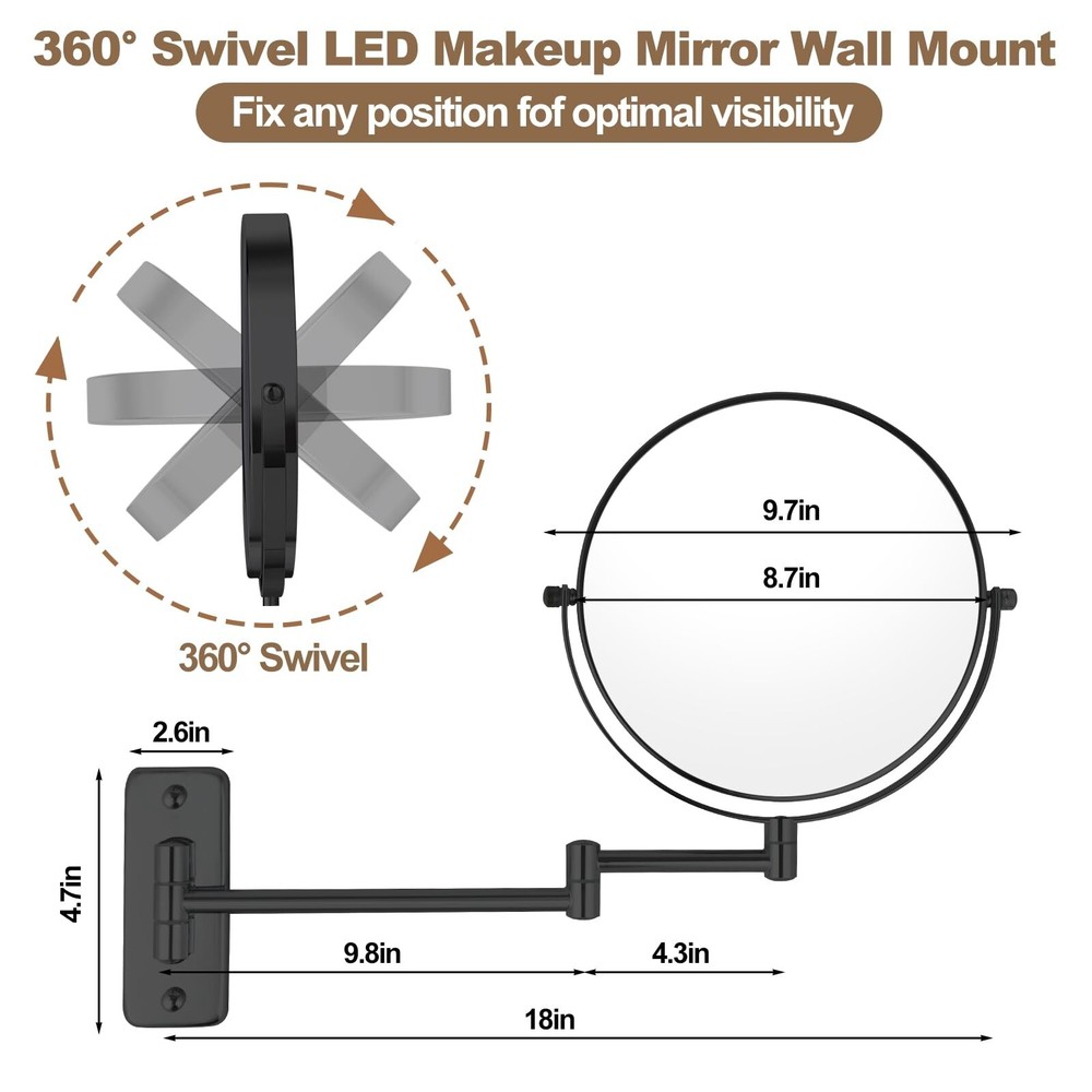 8” Wall Mounted Makeup Mirror with10X Magnification, Double Sided Shaving